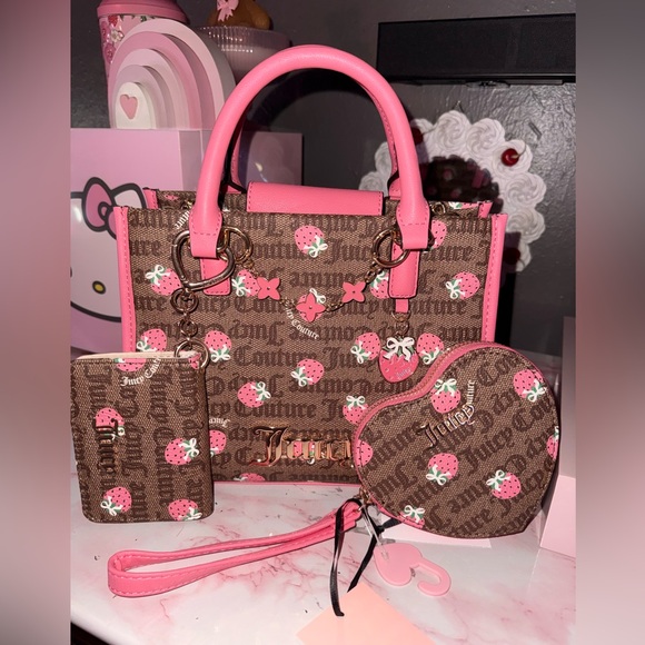 Juicy Couture Strawberry Print Satchel with Matching Wallet and Heart Coin Pouch - Picture 3 of 6